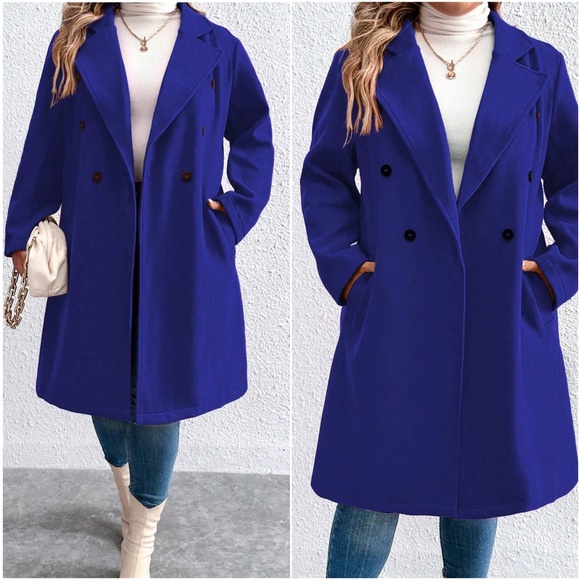 Plus Double Breasted Button up Pocket Jacket Coat - Picture 10 of 11